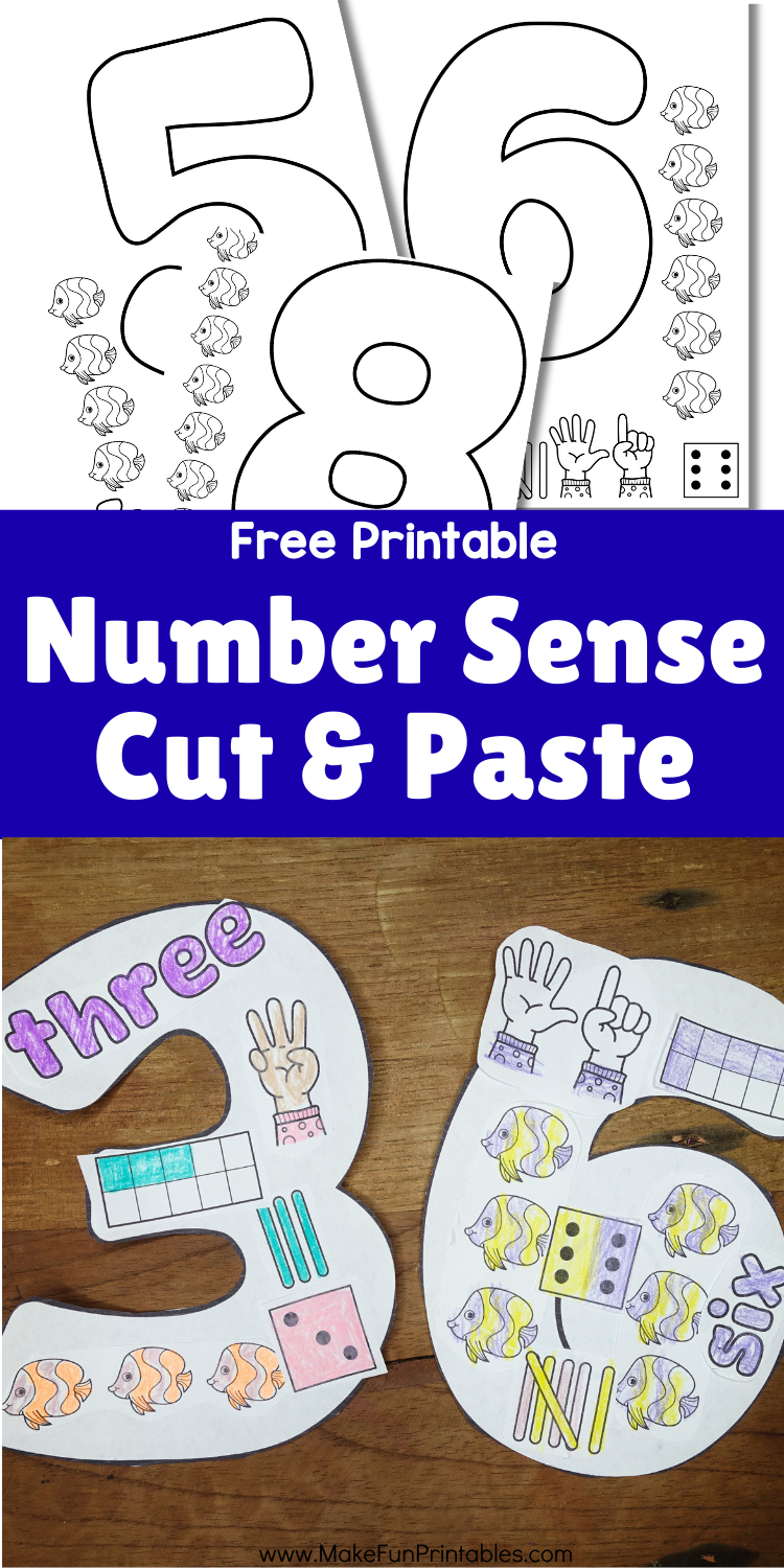 Fun preschool math activity with coloring, cutting, and pasting objects to build number collages.