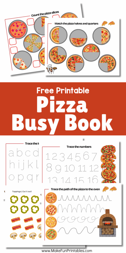 Free printable pizza busy book for preschool and kindergarten with cut and paste tracing and counting activities.