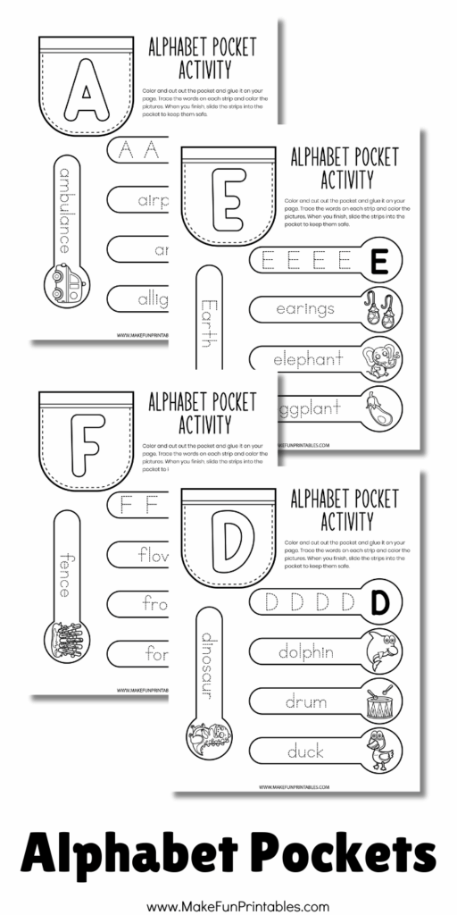 Free printable pocket alphabet craft with letter strips to color trace and store for preschool learning