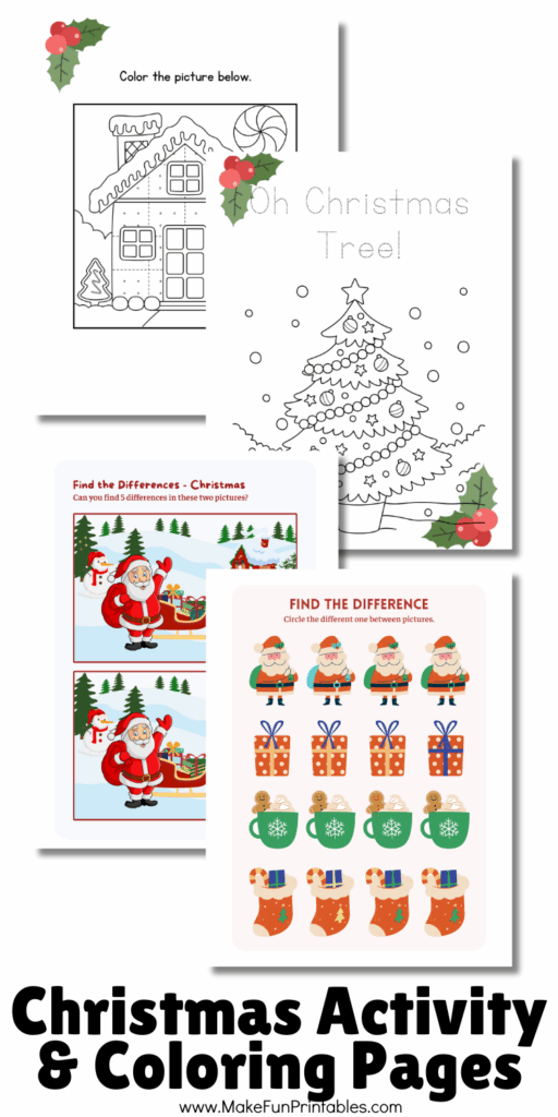 Printable Christmas coloring page with festive holiday images for kids to color and trace
