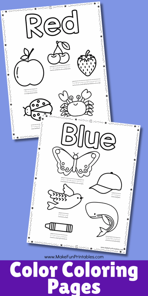 Free printable color recognition worksheet with six images to color and traceable words for preschool learning
