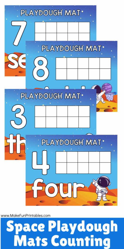 Preschool number mat printable with playdough planets filling tens frames to build early math confidence.