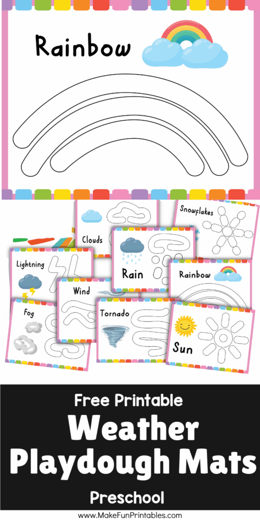 Free Weather Play Dough Mats printable pack with 9 pages featuring sun, rainbow, clouds, and more for preschool and kindergarten fine motor skills.