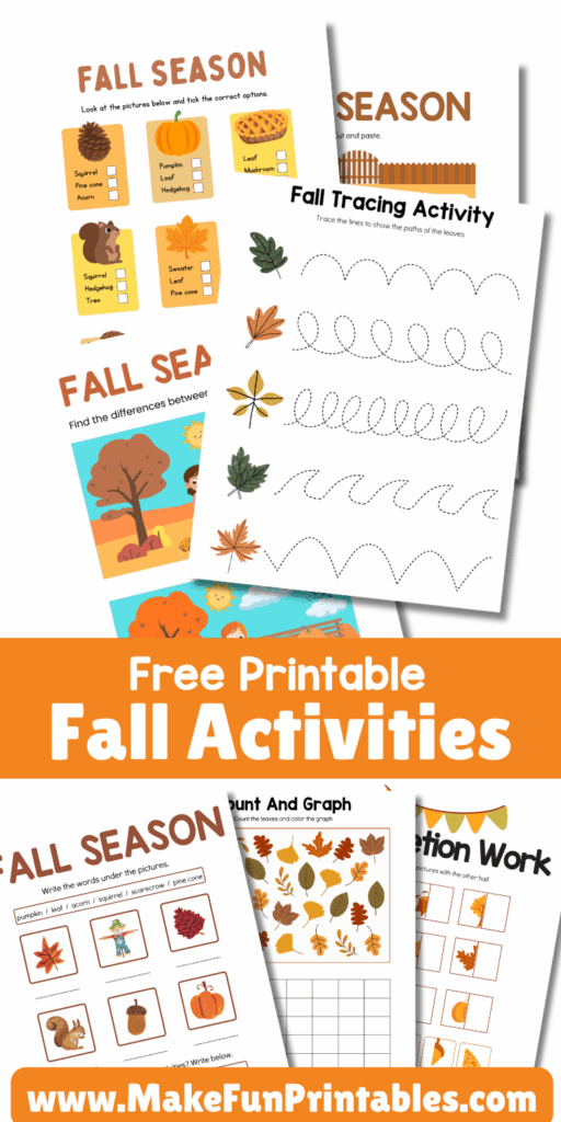 Thanksgiving themed printable worksheets featuring a thankful tree craft, word tracing, and color by number activities.