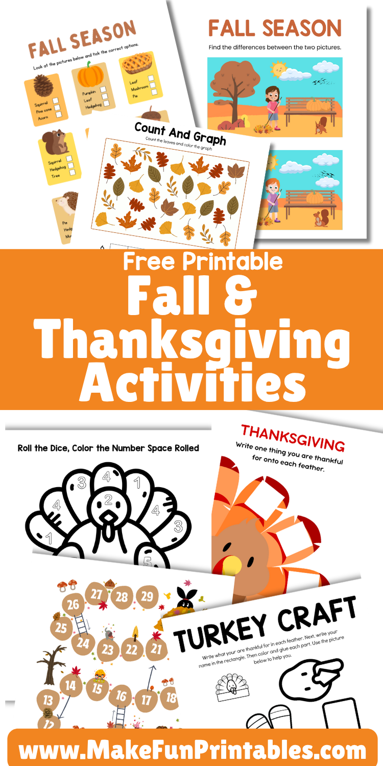 Fall and Thanksgiving printable activity pages with tracing lines, counting worksheets, and fine motor practice.