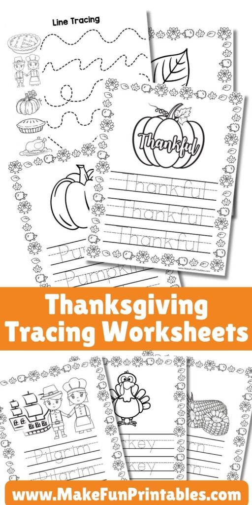 Free printable Thanksgiving line and word tracing activities for kids to practice prewriting, number tracing, and pencil control in a no-prep holiday theme.