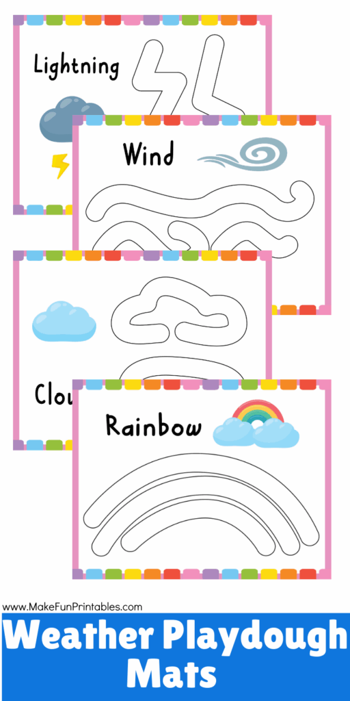 Printable weather play dough mats including tornado, snowflakes, rain, and lightning designs to support hands-on learning and creativity for young children.