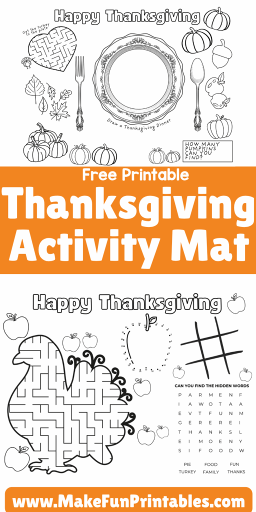Thanksgiving activity placemat printable with tracing maze counting and word search worksheets for preschool and kindergarten.