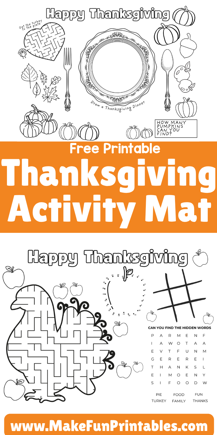 Thanksgiving activity placemat printable with tracing maze counting and word search worksheets for preschool and kindergarten.