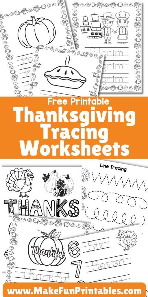 Thanksgiving tracing worksheets for preschool and kindergarten featuring fun words like turkey, pumpkin, and pie to build handwriting and fine motor skills.