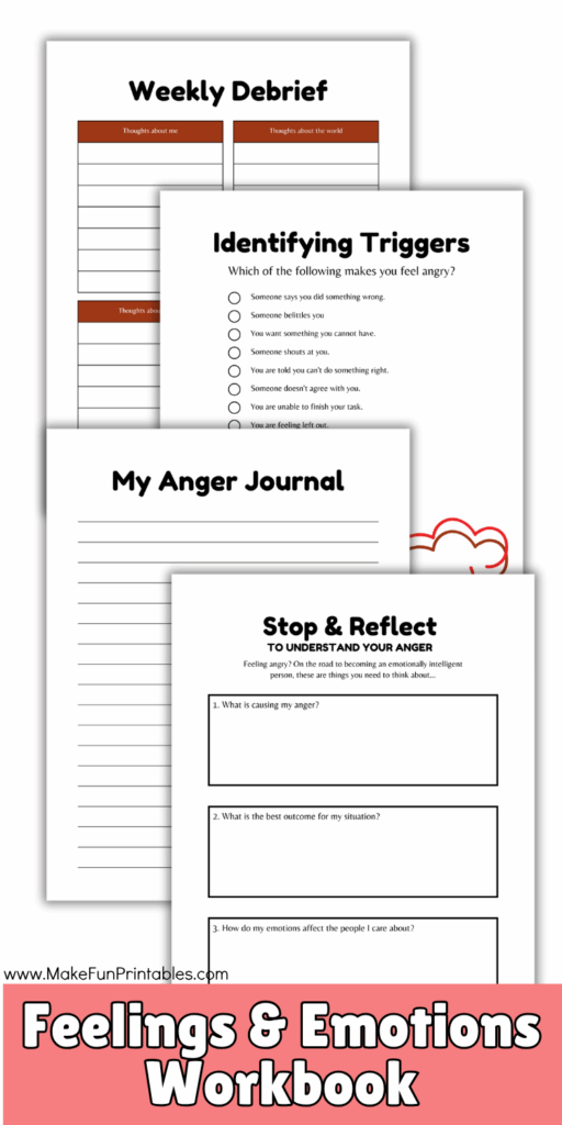 No-prep emotional regulation activities for kids including anger thermometer, journal pages, and calm-down tools.