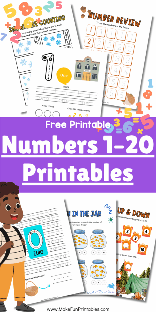 Collage of free printable numbers 1 to 20 worksheets showing tracing, counting, and number recognition activities for preschool and kindergarten.