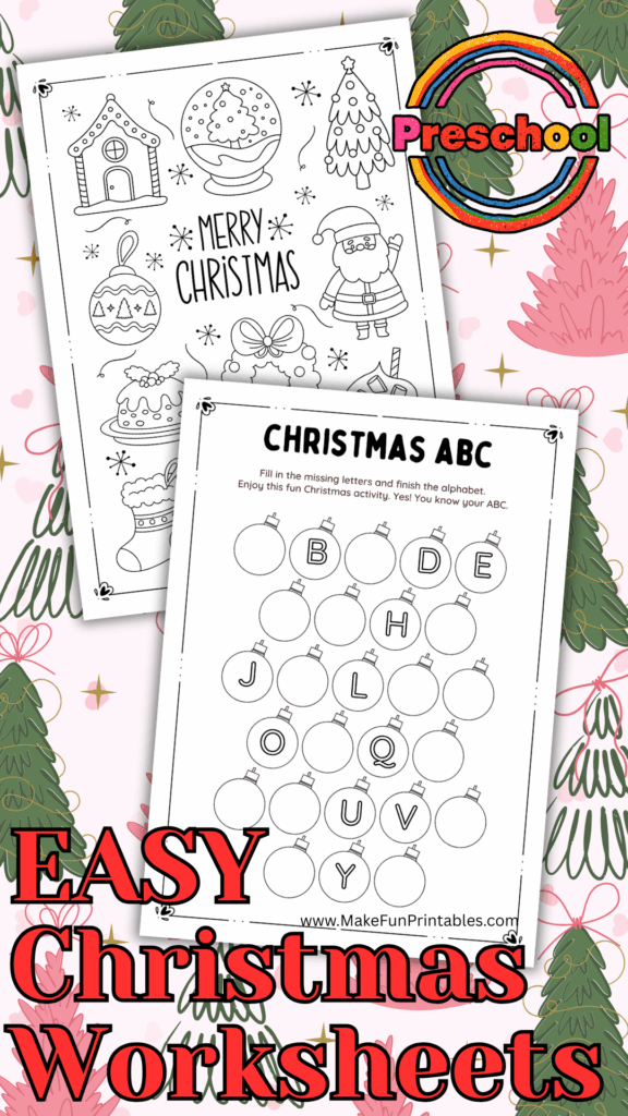 Easy no prep Christmas worksheets for kids featuring maze counting and fine motor coloring pages