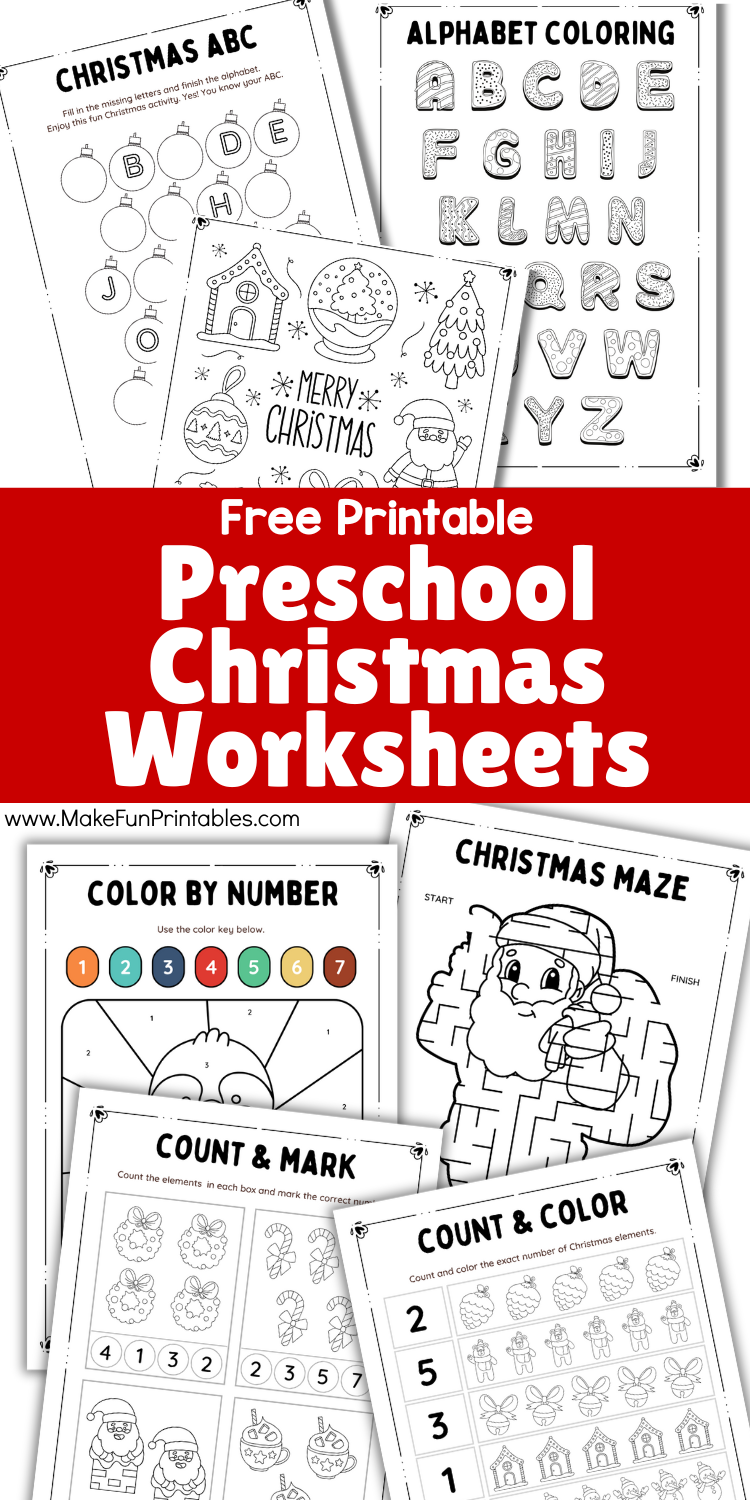 Free Christmas activity worksheet with counting color by number and alphabet practice for preschool kids