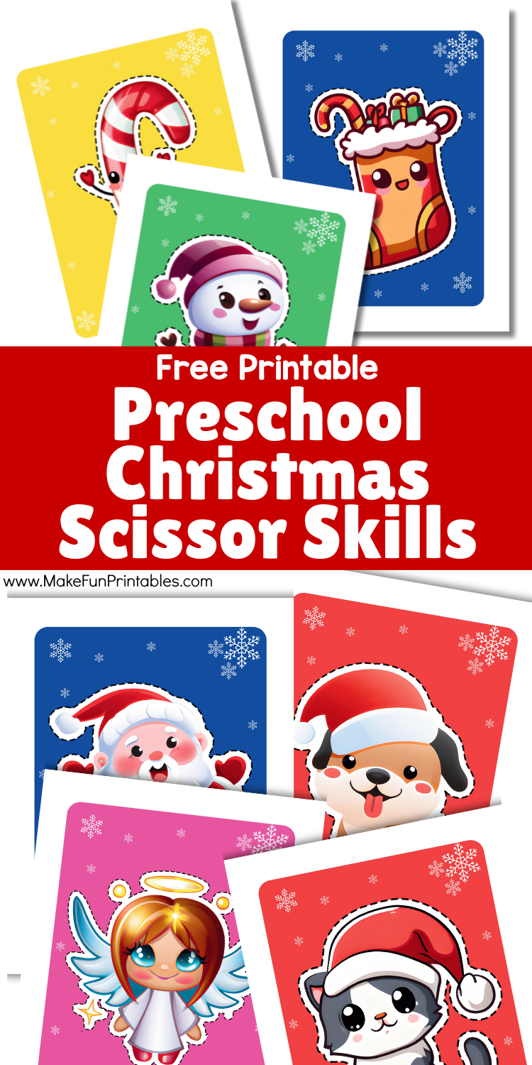 Free Christmas cutting worksheets for kids featuring bright holiday images to cut and hang