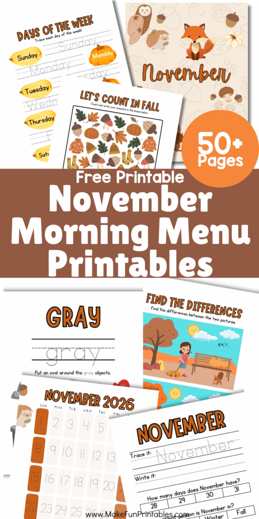 Free November Morning Menu Printable for preschool and kindergarten featuring no-prep worksheets for letters, numbers, and fall themes.