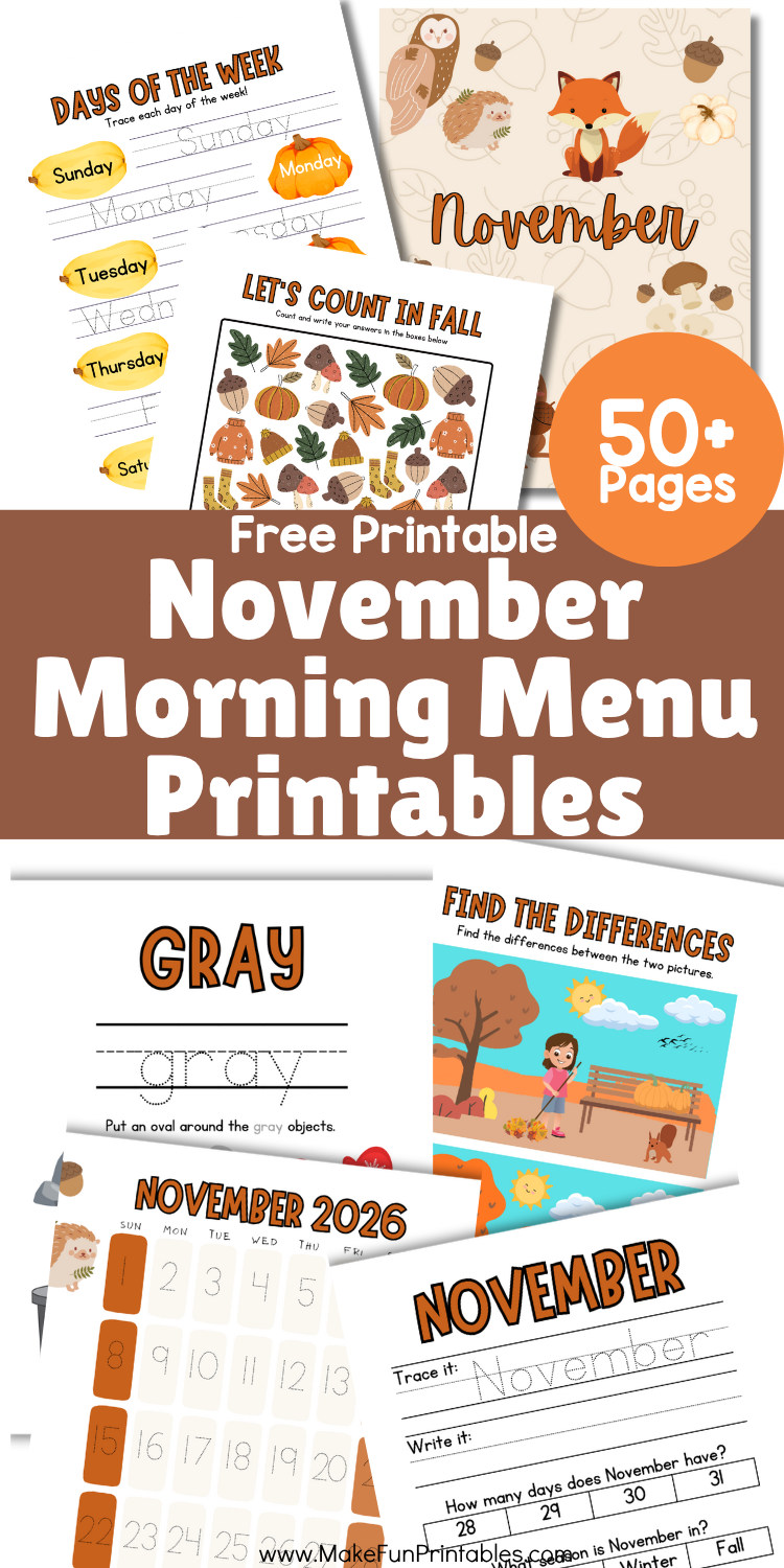 Free November Morning Menu Printable for preschool and kindergarten featuring no-prep worksheets for letters, numbers, and fall themes.