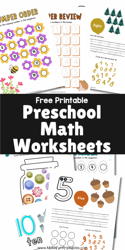 Collection of no prep number worksheets featuring counting objects, tracing numbers, and number order activities for young learners.