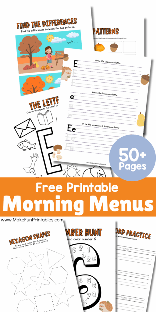 Homeschool morning menu printable showing daily schedule, counting, and fine motor skill activities for young learners.