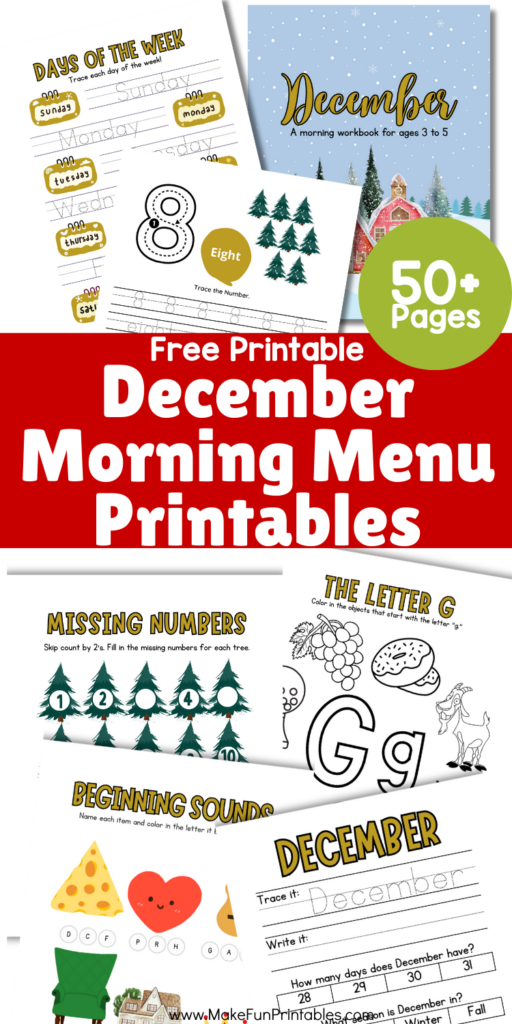 December morning menu worksheet set showing tracing counting sight words and winter themed learning pages for preschool and kindergarten.