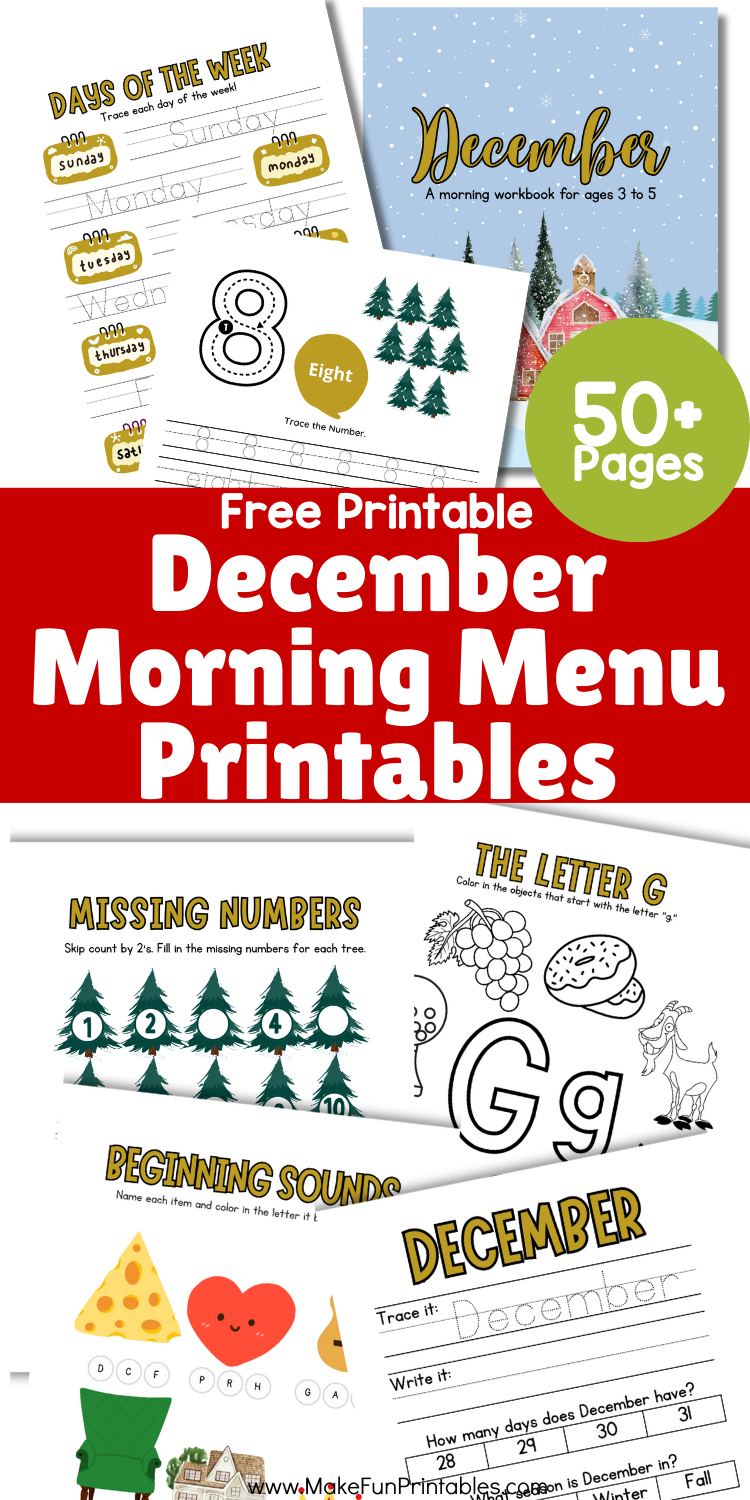 December morning menu worksheet set showing tracing counting sight words and winter themed learning pages for preschool and kindergarten.