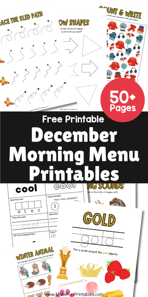 Preview of December preschool and kindergarten worksheets featuring letters numbers weather emotions and fine motor activities.