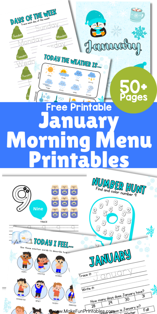 January morning menu printable worksheets for preschool homeschool with literacy math and fine motor activities