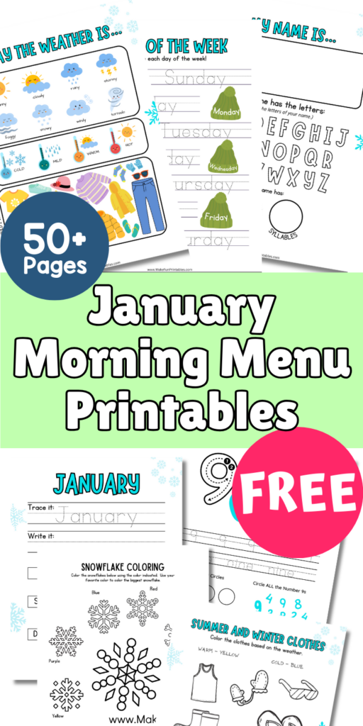 Preschool morning routine worksheets from a January morning menu printable pack