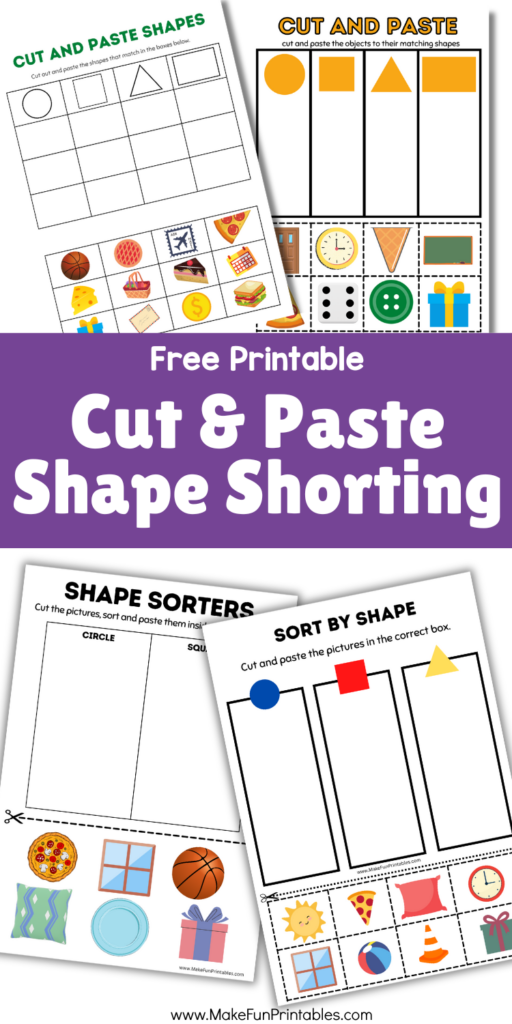 Free printable shape sorting worksheet for preschool with cutting and pasting activities