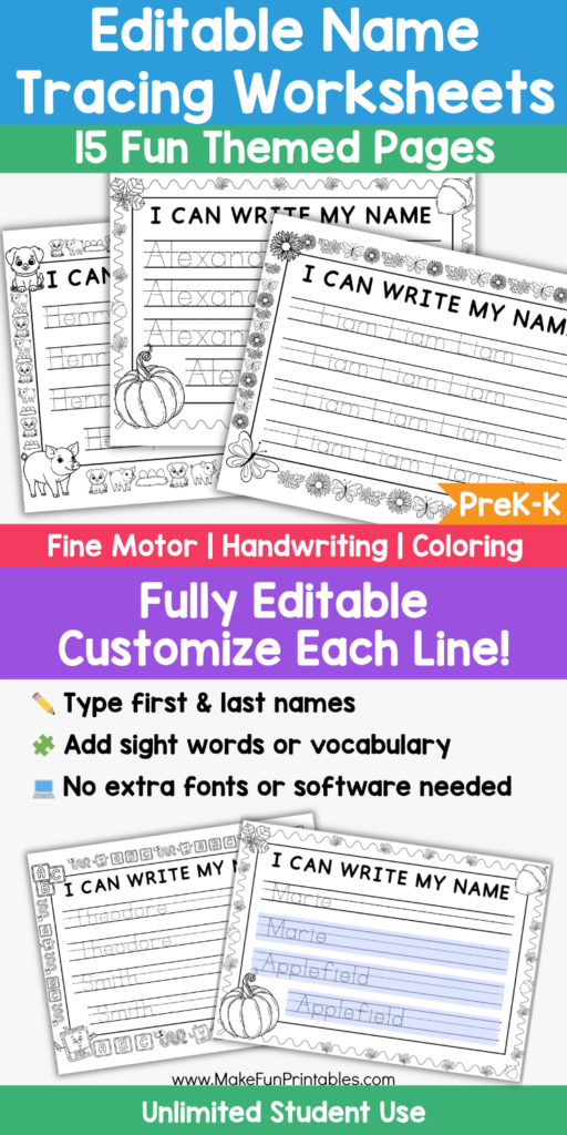 Name tracing worksheets with themed pages for kids to practice writing coloring and name recognition