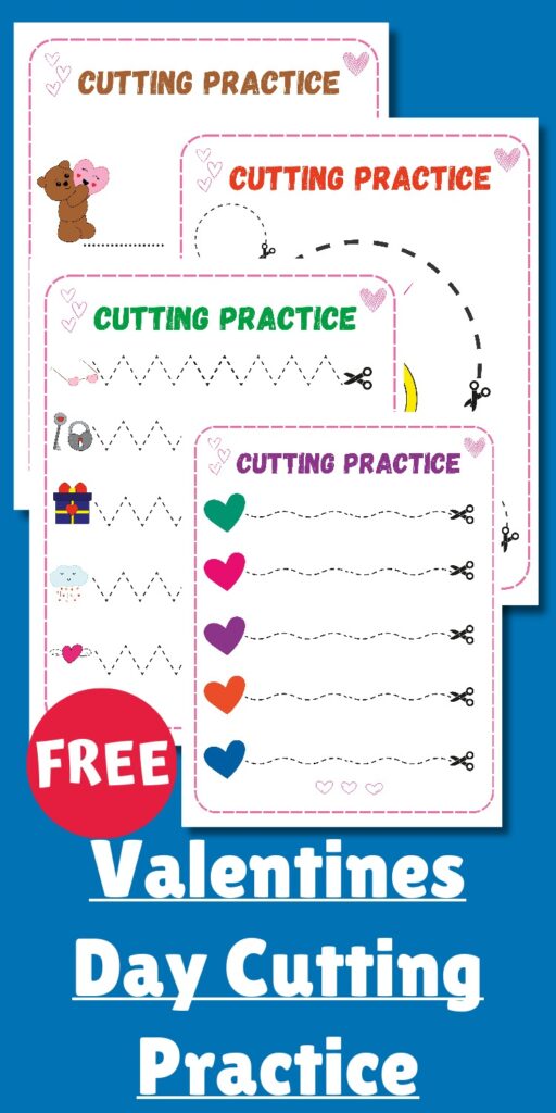 Free printable Valentines cutting worksheets helping preschool and kindergarten kids practice scissor skills and hand strength