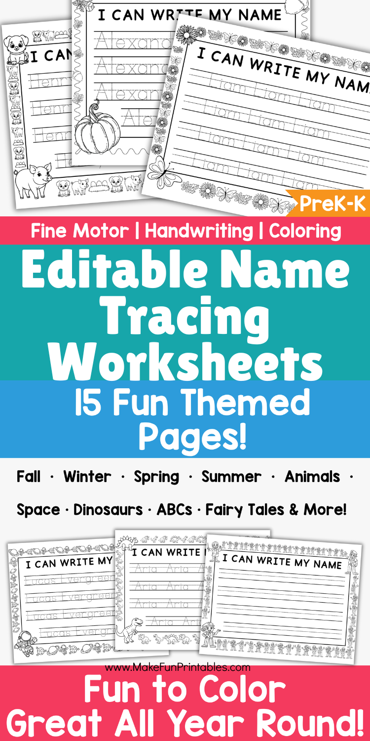 Editable name tracing worksheets for preschool and kindergarten handwriting and fine motor practice