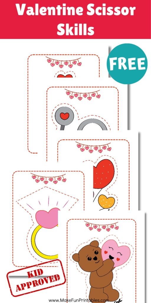 Valentines Day scissor skills worksheet featuring large images for cutting around shapes and fine motor development