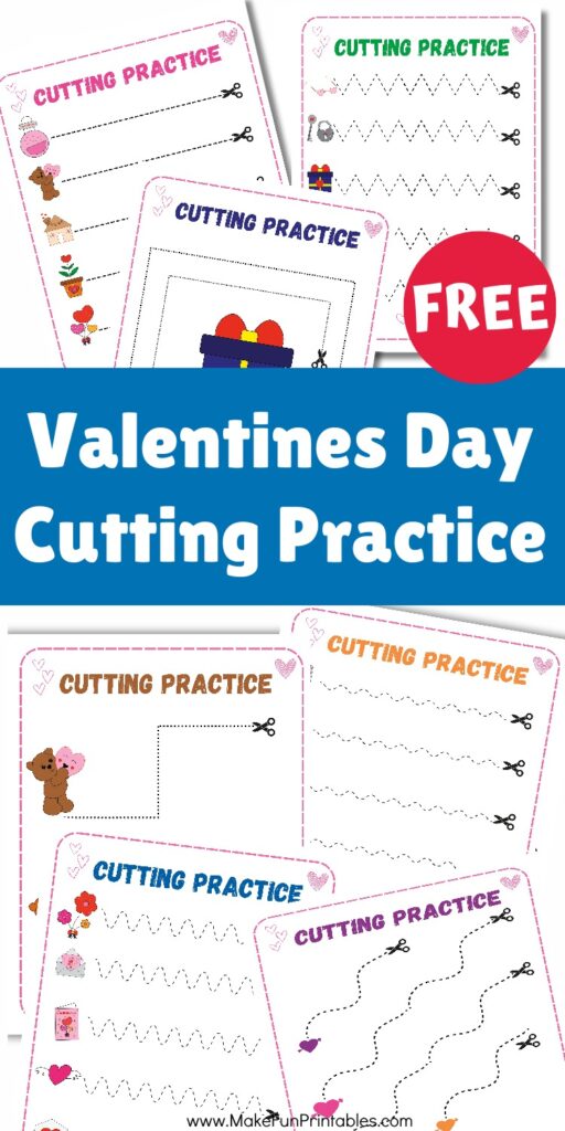 Valentines Day cutting practice worksheet with heart themed scissor paths designed for preschool fine motor skill development