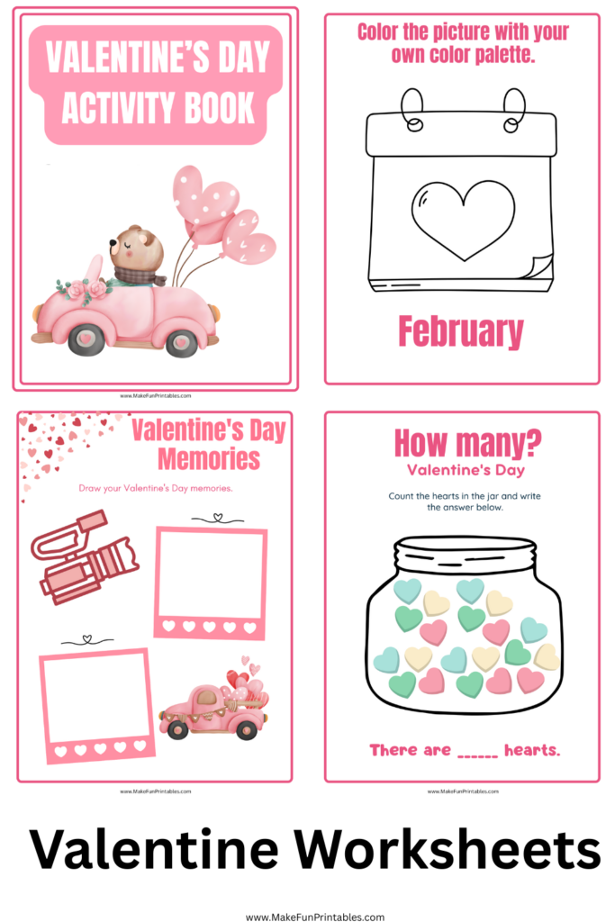 Valentines day worksheets showing cutting coloring tracing and counting activities for preschool and kindergarten kids