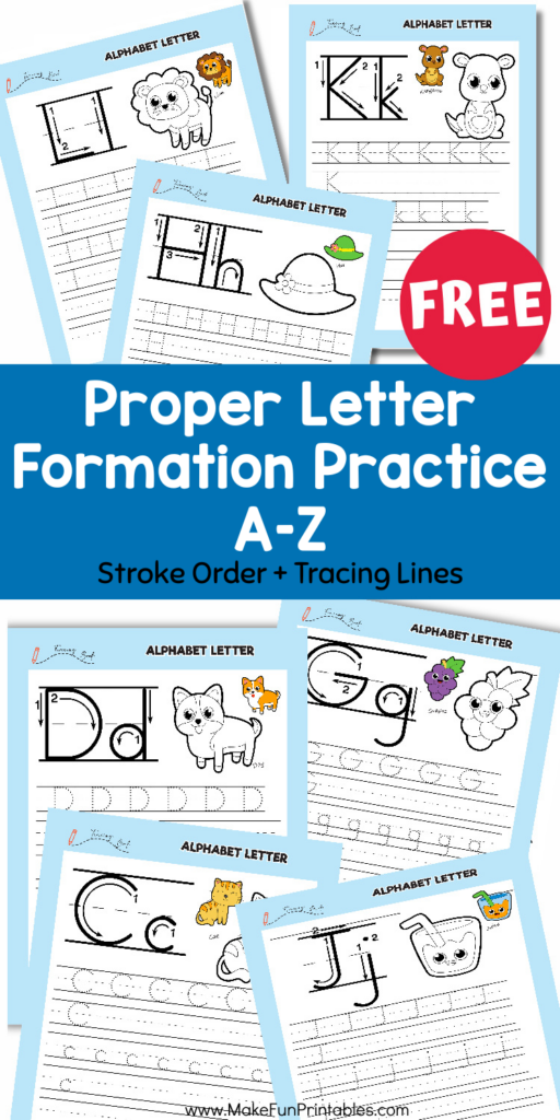 Free printable letter formation worksheets A Z with guided stroke arrows and uppercase lowercase tracing for preschool and kindergarten handwriting practice