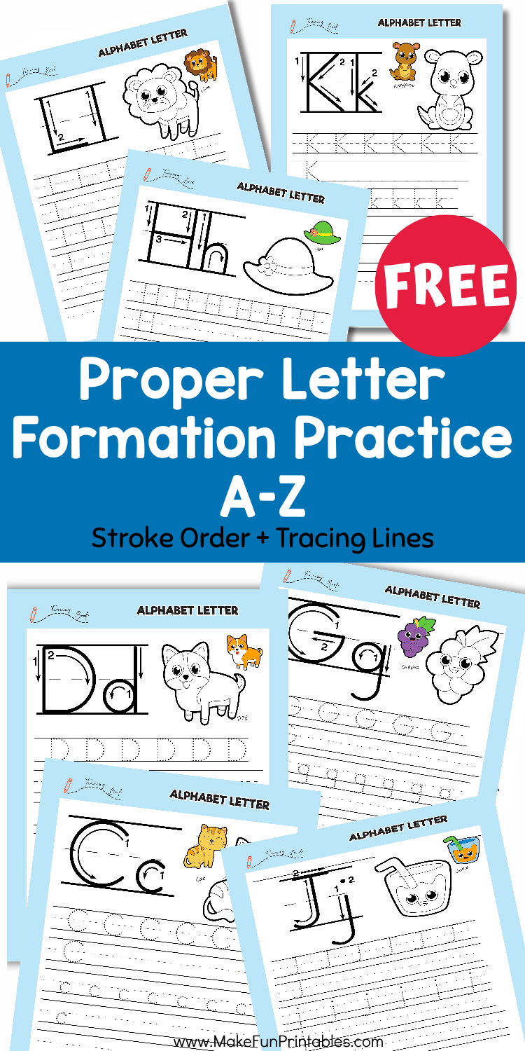Free printable letter formation worksheets A Z with guided stroke arrows and uppercase lowercase tracing for preschool and kindergarten handwriting practice