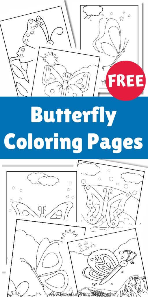 Free Printable Butterfly Coloring Pages for preschool and kindergarten featuring bold outline butterflies in garden scenes with flowers, clouds, and sunshine for easy fine motor coloring practice