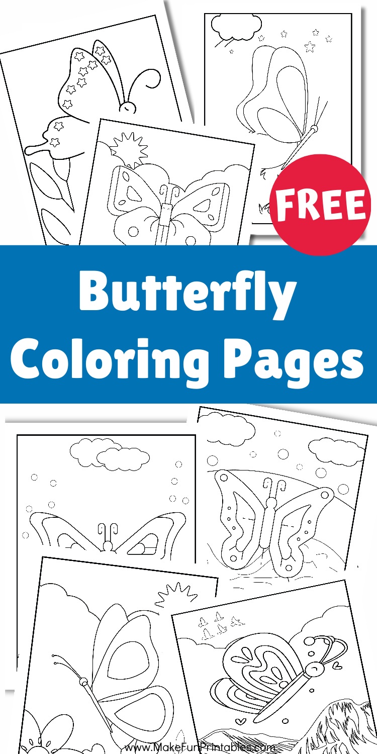 Free Printable Butterfly Coloring Pages for preschool and kindergarten featuring bold outline butterflies in garden scenes with flowers, clouds, and sunshine for easy fine motor coloring practice