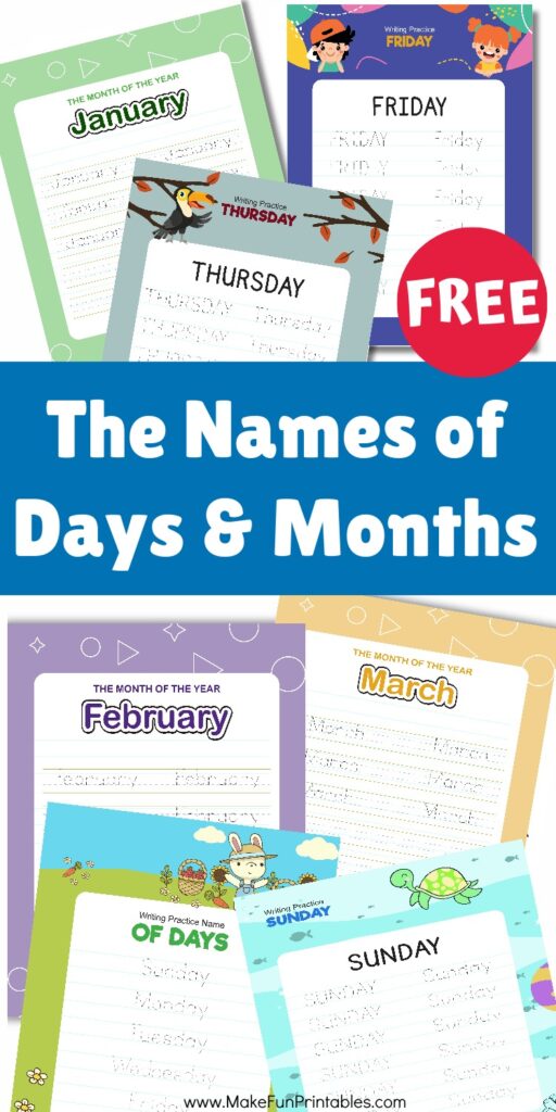 Preschool calendar handwriting worksheets showing days of the week and months tracing activities