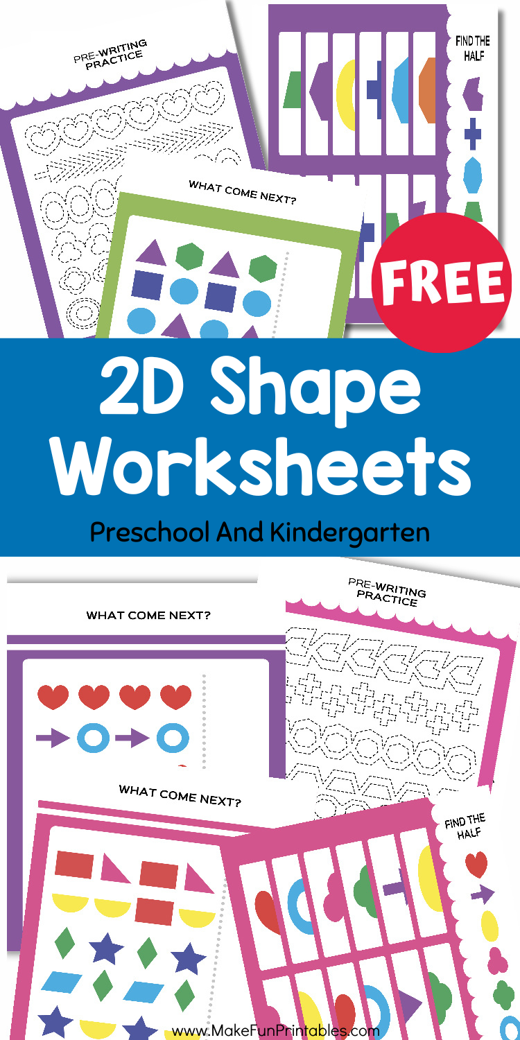Free Printable 2D shape worksheets collage showing tracing pages, Find The Half symmetry activity, pattern worksheets, matching game, and I Spy counting pages for preschool and kindergarten