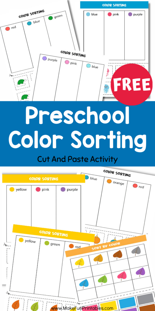 Free Printable color sorting worksheets collage showing cut and paste sorting mats with blue, red, yellow, green, and purple columns for preschool and kindergarten fine motor practice