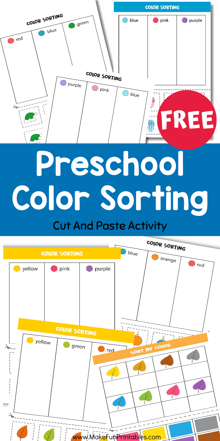 Free Printable color sorting worksheets collage showing cut and paste sorting mats with blue, red, yellow, green, and purple columns for preschool and kindergarten fine motor practice