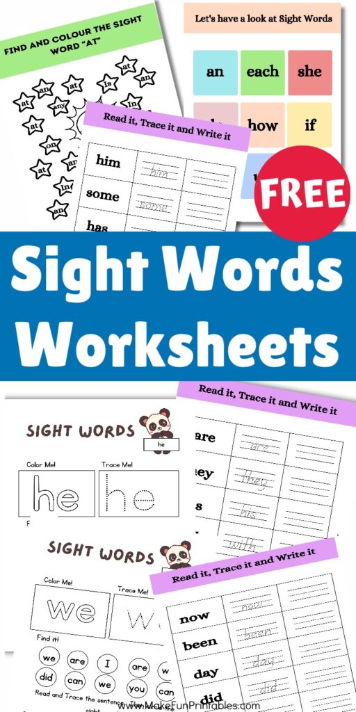 Sight words printable worksheet featuring tracing, coloring, and read and trace sentence activities for early literacy practice