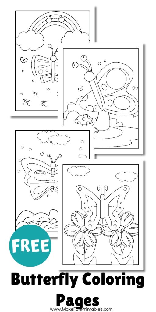 Butterfly coloring worksheet for kids showing a large butterfly with simple background details designed for preschool and kindergarten spring art and quiet time activities