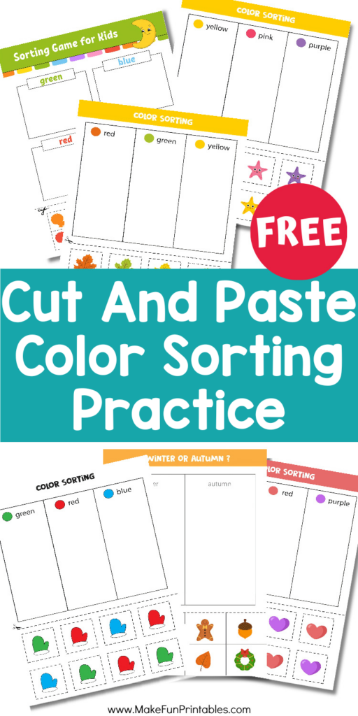 Preschool color recognition worksheet pack collage featuring themed cut and paste sorting pages with seasonal images, scissor practice pieces, and easy No-prep activities
