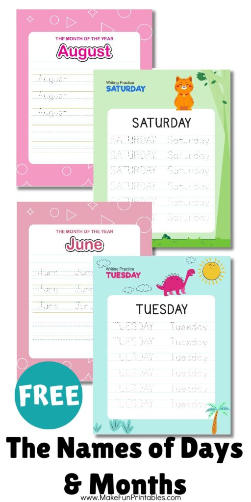 Days of the week and months of the year writing practice worksheets for preschool and kindergarten students