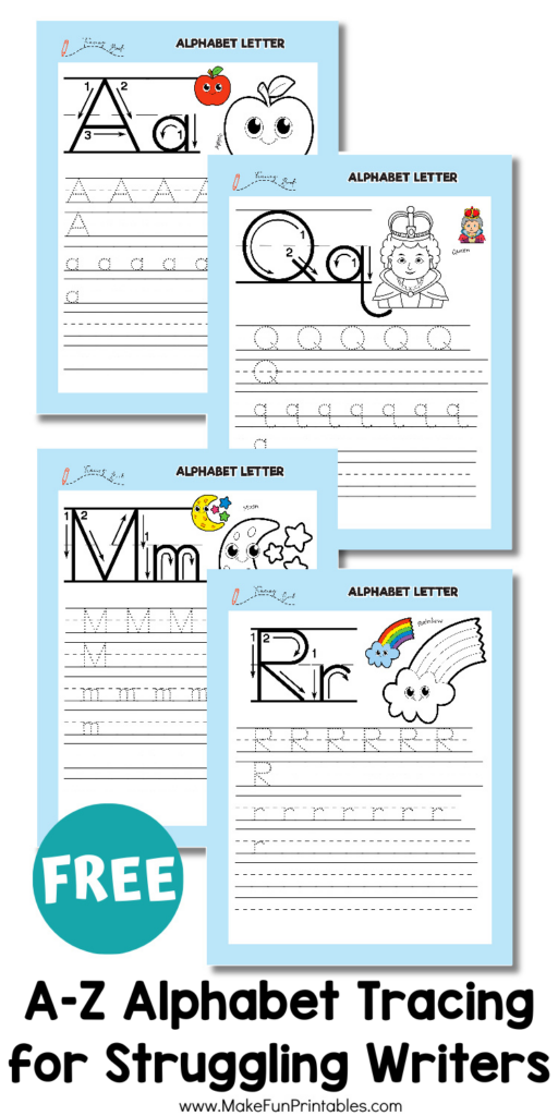 Alphabet letter formation practice worksheet showing numbered stroke order arrows and tracing lines for preschool letter writing development