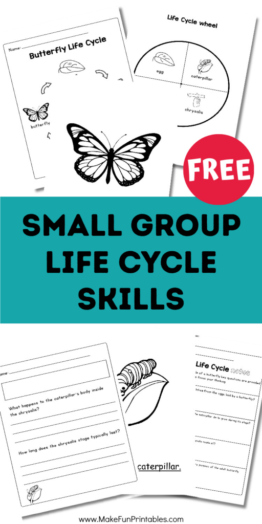 Butterfly Life Cycle preschool worksheet pages showing egg, caterpillar, chrysalis, and butterfly with tracing lines, coloring pictures, comprehension questions, and fine motor cut and glue activities