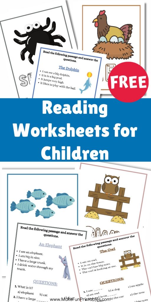 Reading worksheets for preschool and kindergarten with short passages and simple comprehension questions